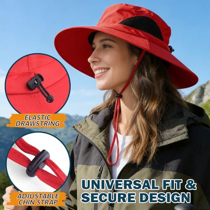 Wide Brim Sun Bucket Hat, Waterproof Boonie Hat for Men & Women - color: 01 Red