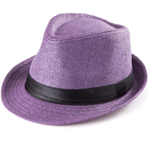 XL Straw Fedora Hats for Men Summer Trilby Beach Travel Panama Casual 7 1/2 - color: Purple