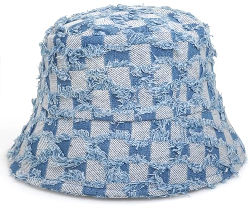 Women's Washed Cotton Bucket Hat Cowboy Checkerboard Fishermen Hat - color: Light Blue