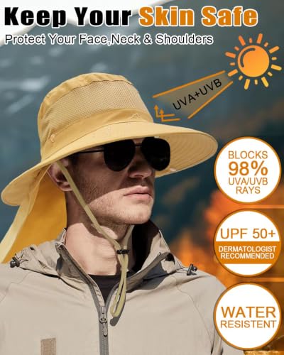Outdoor Sun Hats with Stowable Neck Flap for Men Women UPF 50+ Mesh Summer Bucket Hat Wide Brim for Fishing Safari Hiking - color: Khaki