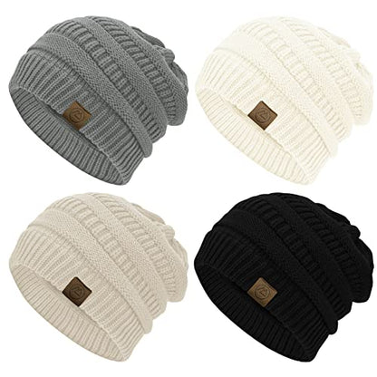 American Trends Winter Hats for Women 4 Pack Beanie Hats Caps Knit Chunky Slouchy Beanie Hats - color: Black&light Grey&white&beige