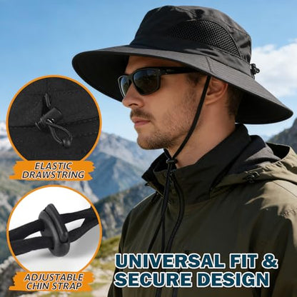 Wide Brim Sun Bucket Hat, Waterproof Boonie Hat for Men & Women - color: 01 Black
