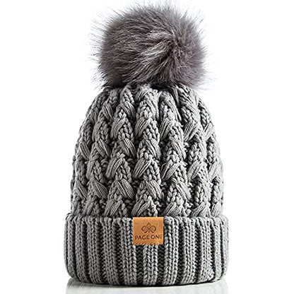 PAGE ONE Womens Winter Ribbed Beanie Crossed Cap Chunky Cable Knit Pompom Soft Warm Hat - color: Light Gray