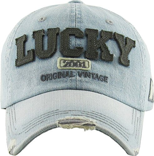 Fashion Vintage Distressed Washed Assorted Baseball Cap Dad Hat Adjustable Unisex - color: .Light Denim Lucky