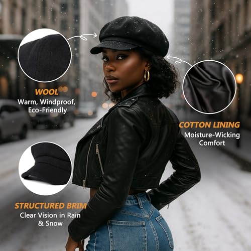 Comhats Women's Wool Winter Warm Newsboy Hats, Fashion Pageboy Beret Cap - color: 67145_black(satin Lined) a, size: Large