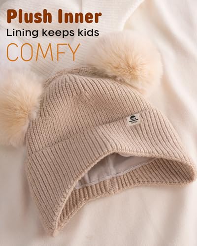 FURTALK Baby Winter Hat Pom Pom Beanie with Fleece Lined Toddler Warm Cap - color: White+light Khaki, size: 0-6 Months