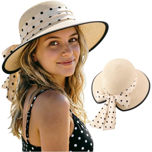 AQOKKA Women Sun Hats Straw Wide Brim Bowknot Bucket Cap Floppy Foldable Summer Beach Hats for Women Outdoor UPF 50+ - color: 1 Pack Beach Hat : Beige With Beige Bow