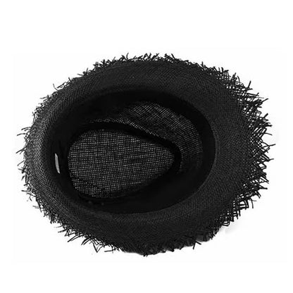 Fringed Straw Fedora Hat for Women Men Short Brim Roll Up Trilby Panama Hat UPF 50+ Summer Beach Straw Sun Hat Retro Jazz Hat - color: Black