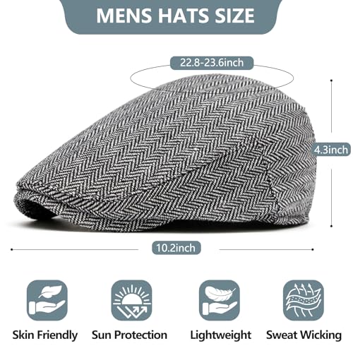 meioro Herringbone Flat Ivy Newsboy Cap for Men Classic Tweed Newsboy Hat Wool Blend Flat Cap Gatsby Cabbie Hats Ivy Caps - color: Grey
