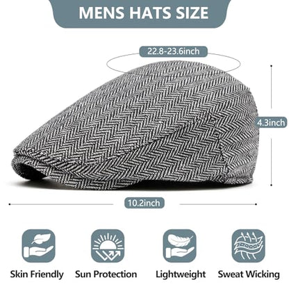 meioro Herringbone Flat Ivy Newsboy Cap for Men Classic Tweed Newsboy Hat Wool Blend Flat Cap Gatsby Cabbie Hats Ivy Caps - color: Grey