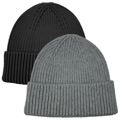 vidsel 50% Wool Thick Beanie Hat Men Women, Seamless Cuffed Winter Knit Cap - color: 2pcs Black, Light Grey