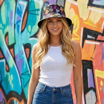 Fumwase 80s 90s Fanny Pack Bucket-Hat for Women Men Fishing-Hat Packable Summer Travel Beach Sun Cap Rave Party Accessories Hat Black