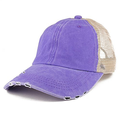 Trendy Apparel Shop Pigment Dyed Front Mesh Back Frayed Bill Trucker Cap - color: Purple