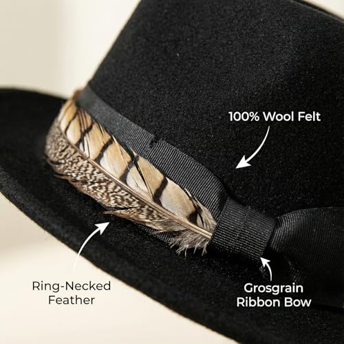Home Prefer Men's Wool Felt Winter Hat Short Brim Fedora Hat with Feather - color: Black Ring Necked Feather