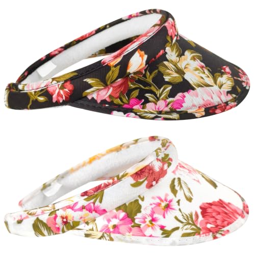 2 Pack Sun Visor Hats Women Men Clip On Wide Brim Visors Hat Outdoor Sports Golf Beach Travel Tennis Caps - color: Flower-black White
