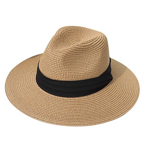 AQOKKA Summer Straw Fedora Hat for Women Men Travel Panama Hat with Wide Brim Roll Up Sun Hat for Beach Outdoor UPF 50+ - color: 1 Pack: Khaki
