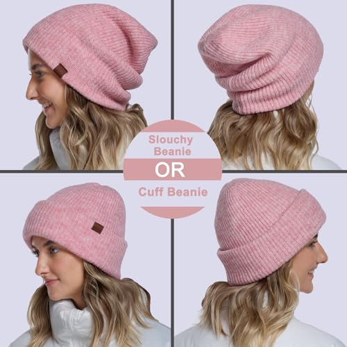 Large Slouchy Winter Hat for Cold Weather, Warm Loose Slouch and Cuffed Beanie Hats for Women Men - color: Pink