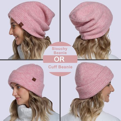 Large Slouchy Winter Hat for Cold Weather, Warm Loose Slouch and Cuffed Beanie Hats for Women Men - color: Pink