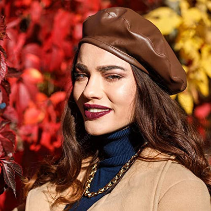 Wheebo PU Leather Berets for Women French Beret Hats Artist Painter Hat Classic Solid Style - color: Brown