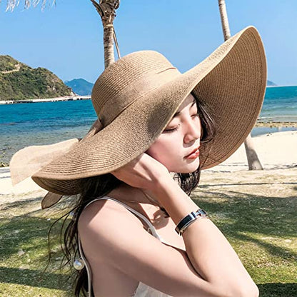 FSIGOM Women's Folable Floppy Hat,Wide Brim Sun Protection Straw Hat, Summer UV Protection Beach Cap - color: C1-f-khaki, size: Medium