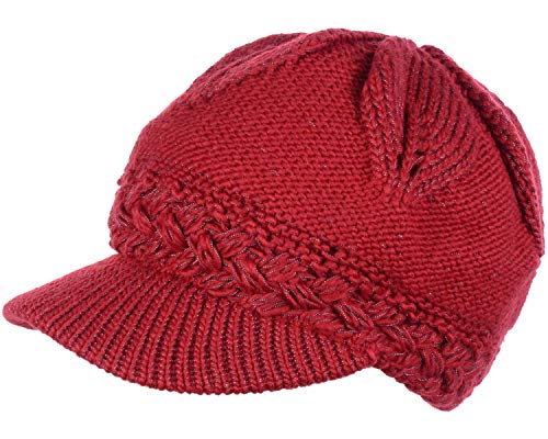 BYOS Womens Winter Chic Cable Warm Fleece Lined Crochet Knit Hat W/Visor Newsboy Cabbie Cap - color: Braided Front Red
