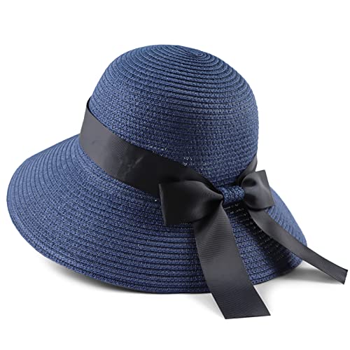 Zsedrut Women,Little Girls Straw Sun Hat Summer Beach Cap Foldable Visor Floppy Hats Wide Brim with Bowknot - color: Navy, size: One Size