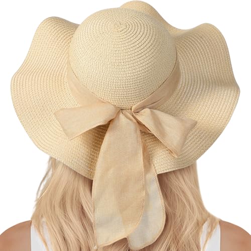 Beach Sun Straw Hats for Women, UPF 50+ UV Sun Protection Summer Straw Hat - color: 10cm - Beige