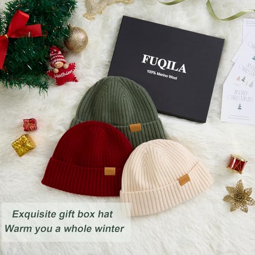 100% Merino Wool Fisherman Beanie Hat, Unisex Warm Winter Hats, Soft Breathable Knitted Short Cuffed Cap - color: Dark Blue