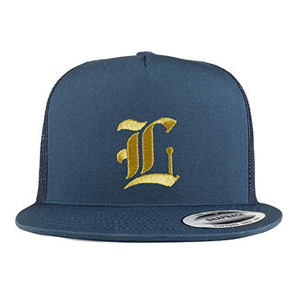 Trendy Apparel Shop Old English Gold L Embroidered 5 Panel Flatbill Trucker Mesh Cap - color: Navy