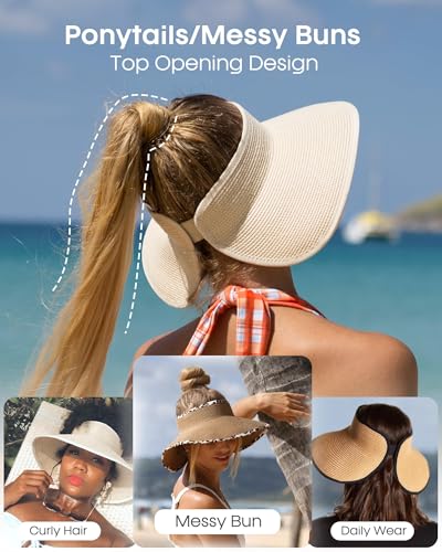 FURTALK Womens Sun Hat with Ponytail Hole Wide Brim Beach Straw Visor - color: Khaki