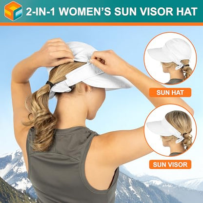 SUN CUBE Womens Sun Hat UV Protection Wide Brim Zip-Off Golf Visor - color: White