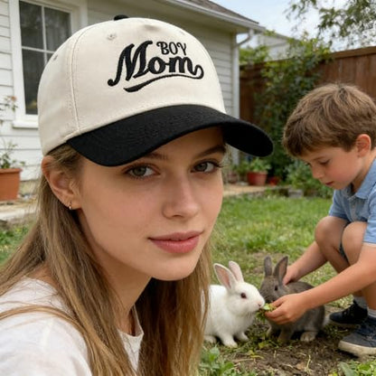 Embroidered Baseball Cap, Cotton Dad Hat, Fun & Heartfelt Stitching, Adjustable Casual Outdoor Hat for Men Women - color: Boy Mom - Black/Beige
