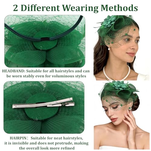 Semato Fascinators Hats for Women Mesh Feathers Elegant Green Tea Party Kentucky Hat Derby Headband with Hair Clip - color: Green