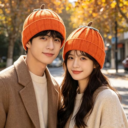 4 Pcs Pumpkin Knitted Beanie Hat Halloween Thanksgiving Pumpkin Costume Beret Hat Autumn Fall Cute Winter Warm Soft Cap for Women Orange
