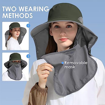 Outdoor Sun Hat Detachable Neck Face Flap UPF 50+UV Protection Visor Fishing Hats with Neck Flap for Men & Women - color: Green