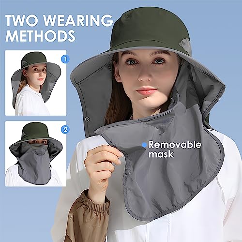 Outdoor Sun Hat Detachable Neck Face Flap UPF 50+UV Protection Visor Fishing Hats with Neck Flap for Men & Women - color: Green
