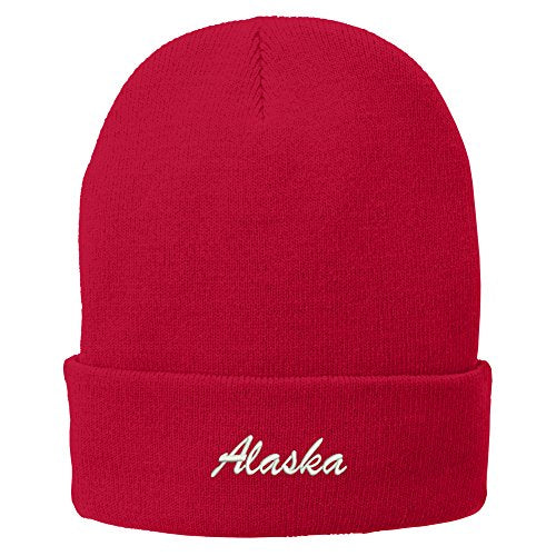 Trendy Apparel Shop Alaska Embroidered Winter Folded Long Beanie - color: Red