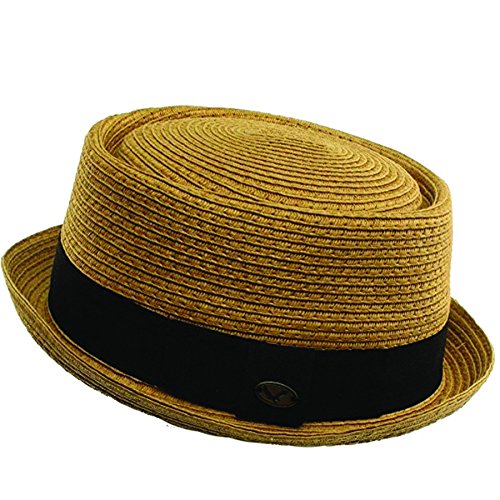 Men's Cool Summer Straw Pork Pie Derby Fedora Upturn Brim Hat - color: Lt Brown, size: Small-Medium