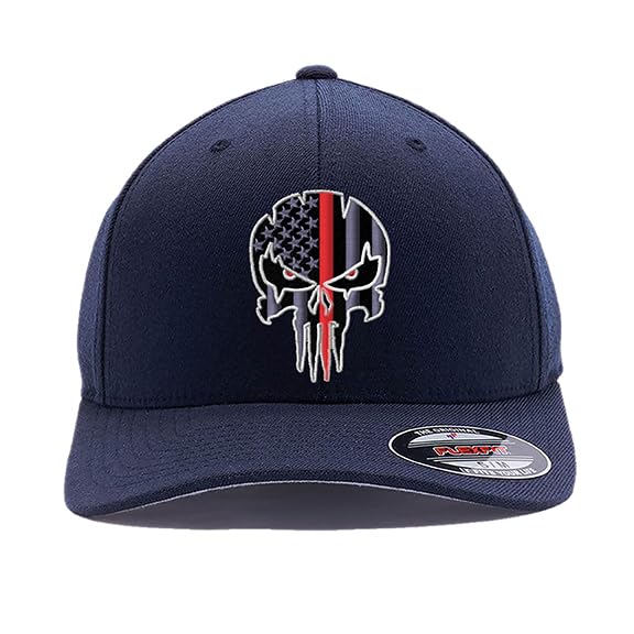 G&B Red Thin Red/Blue Line Spartan Helmet & Distressed Skull Flex Baseball Cap. Embroidered. 6277/6477 Flex Baseball Hat - color: Dark Navy 2, size: Small-Medium
