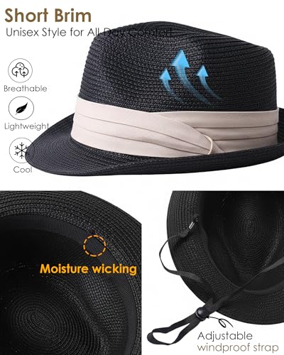 Straw Sun Hat for Men Women Short Brim Beach Trilby Hat UPF 50+ - color: Black
