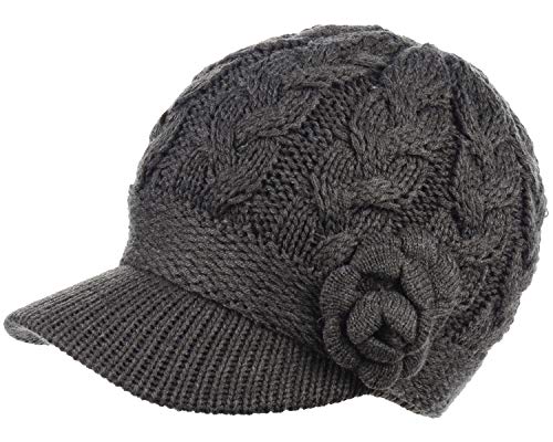 BYOS Womens Winter Chic Cable Warm Fleece Lined Crochet Knit Hat W/Visor Newsboy Cabbie Cap - color: Cable W/ Flower Dk.gray