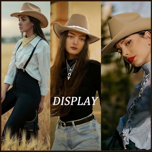 Western Black Cowboy Hats for Women Men, Fedora Wide Brim Rhinestone Cowgirl Hat with Bandana and Evil Eye Bull Head Necklace - color: Camel