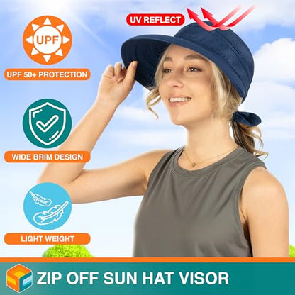 SUN CUBE Womens Sun Hat UV Protection Wide Brim Zip-Off Golf Visor - color: Navy