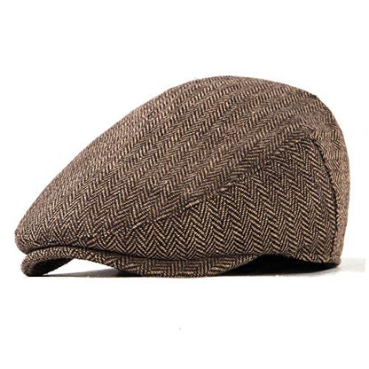 Herringbone Flat Ivy Newsboy Cap for Men 1920s Wool Blend Tweed Cabbie Hat - color: 002 Brown, size: Small-Medium