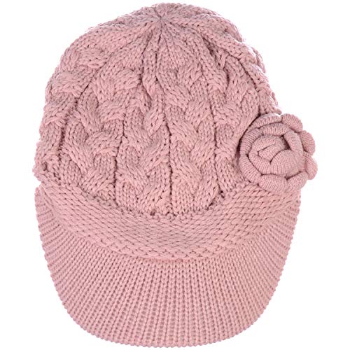 BYOS Womens Winter Chic Cable Warm Fleece Lined Crochet Knit Hat W/Visor Newsboy Cabbie Cap - color: Cable W/ Flower Pastel Pink