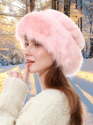 sy soul young Women's Leopard Faux Fur Hats Fluffy Bucket Hat Russian Style - color: Pink
