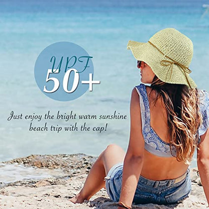Women Sun Hat Wide Brim Floppy Beach Hat Breathable UV UPF 50+ Straw Hat Foldable Packable Summer Outdoor Cap - color: Beige