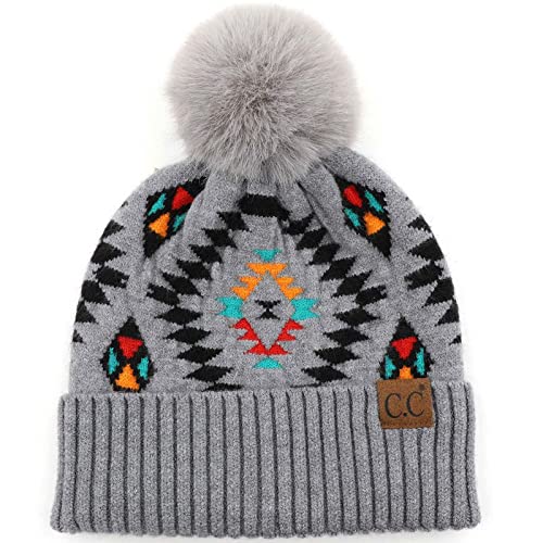 C.C Fur Pom Winter Fall Trendy Chunky Stretchy Cable Knit Beanie Hat - color: Aztec Lt. Gray