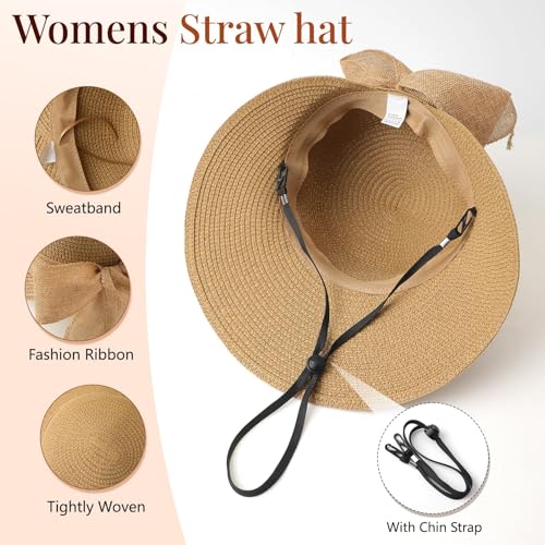 Pleneal Beach Sun Staw Hats for Women, UPF 50+ Foldable Wide Brim Sun Hat - color: Khaki - D