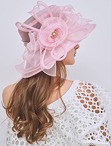 Women's Kentucky Derby Church Dress Hat Wide Brim Leaf Flower Bridal Shower Hat - color: F8 Pink